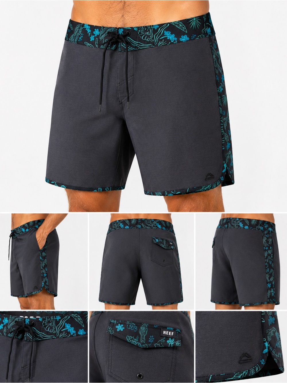 Reef Men's Black Board Shorts with Teal Floral Accents size 32
